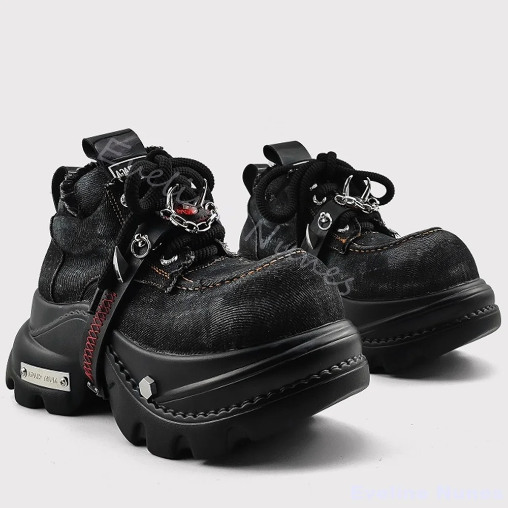 Evil Eye Punk Denim Schuhe Frauen Metall Dekoration Runde Kappe Plattform Kreuz Gebunden Casual Schuhe Neue Punk Britischen Stil Big Toe Schuhe