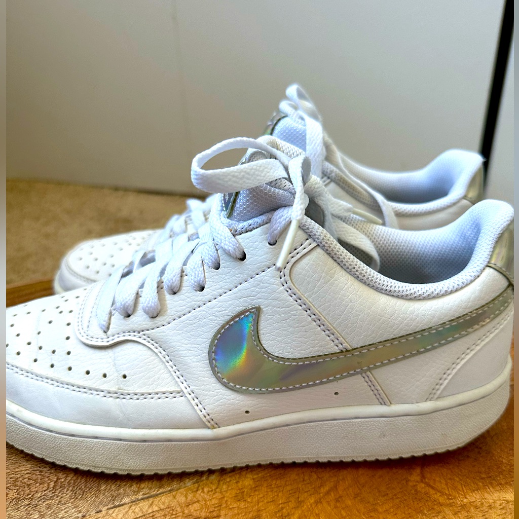 Nike Shoes | Great Condition Nike Air Force Lows With Chrome Nike Symbol | Color: Silver/White | Size: 8.5