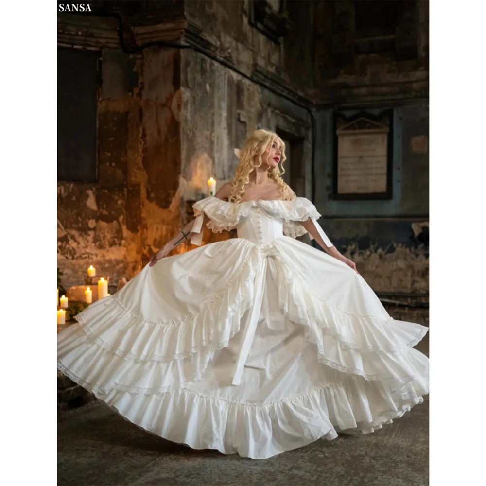 Robe de bal Sansa personnalisée blanche style princesse, épaules dénudées, avec nœud et corset, sans manches, longueur ras du sol, pour soirée formelle 2026