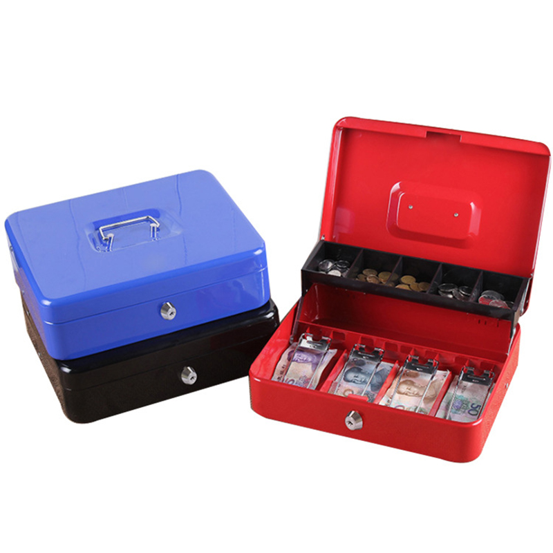 Desk Steel Safe Cash Box With Lock Coin Compartment & Bill Clips For Cash Register & Home Organization password Black