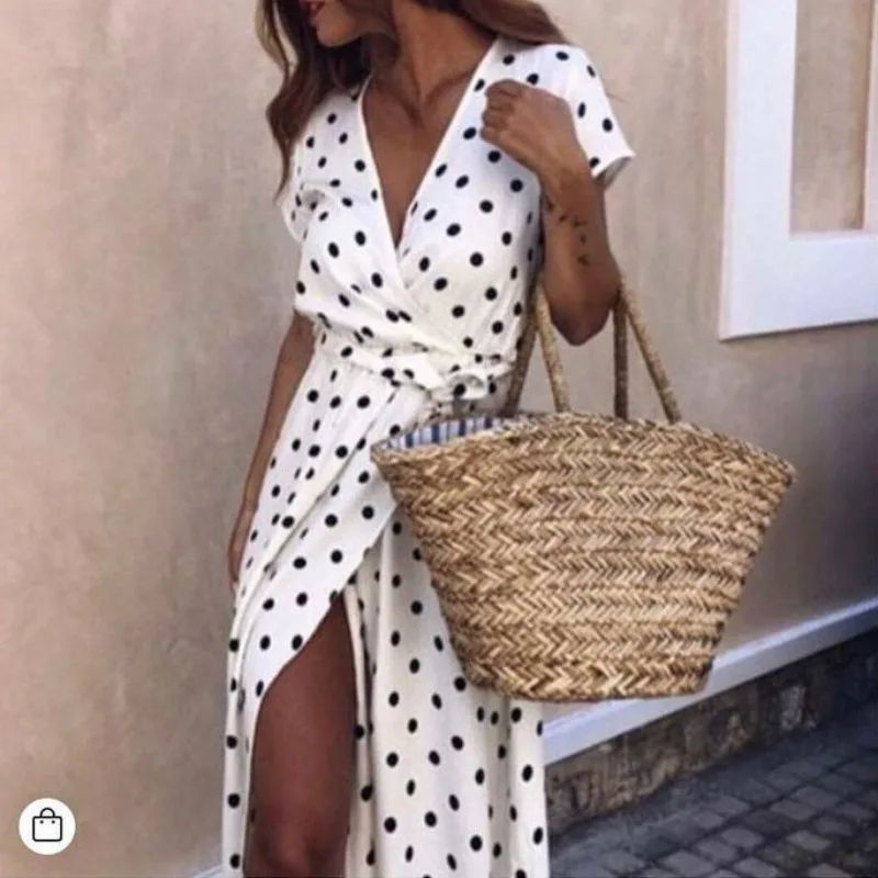 Women White Boho Polka Dot V Neck Summer Maxi Dress l black