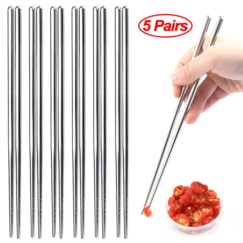 Silver Stainless Steel Chopsticks Set Reusable Non slip Korean Style Dining Chopsticks 1pair