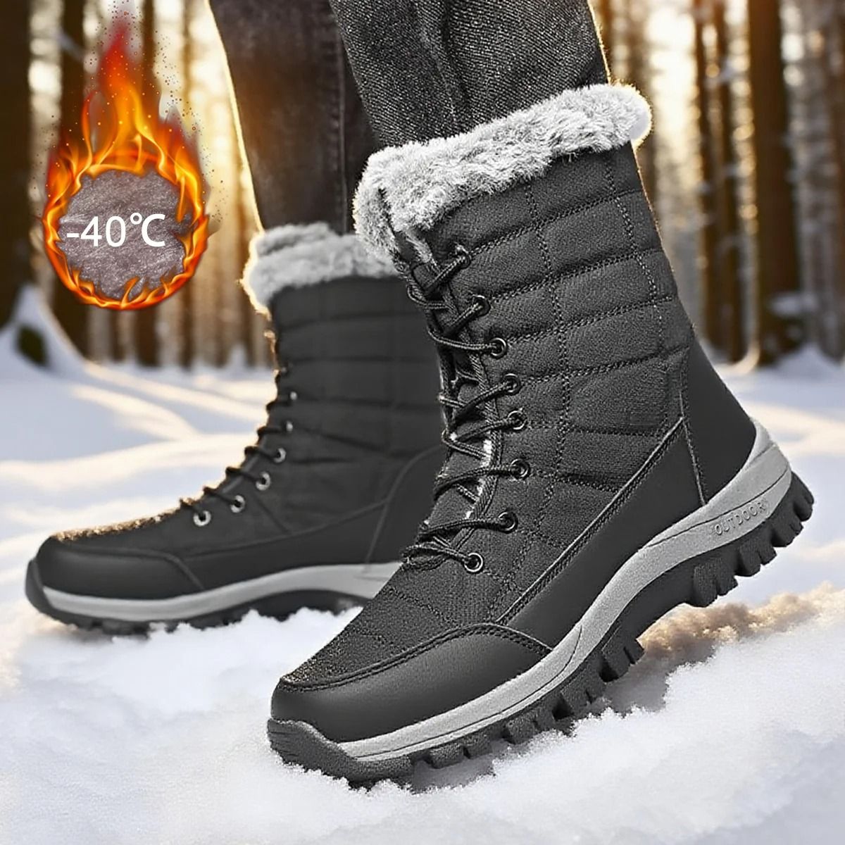 Unisex Winter Snow Boots Anti Slip Hiking Winter Boots Plush Lined Outdoor Cold Weather Shoes black 37