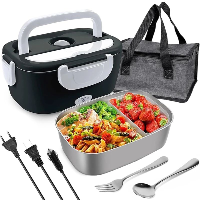 4 In 1 Electric Lunch Box Stainless Steel Food Warmer For Car Truck Office green+cutlery+bag