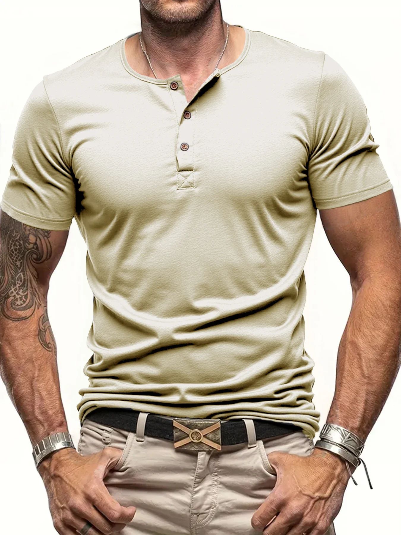 Men's Short Sleeve Henley T Shirt Slim Fit Button Neck Casual Streetwear Tee blue xl