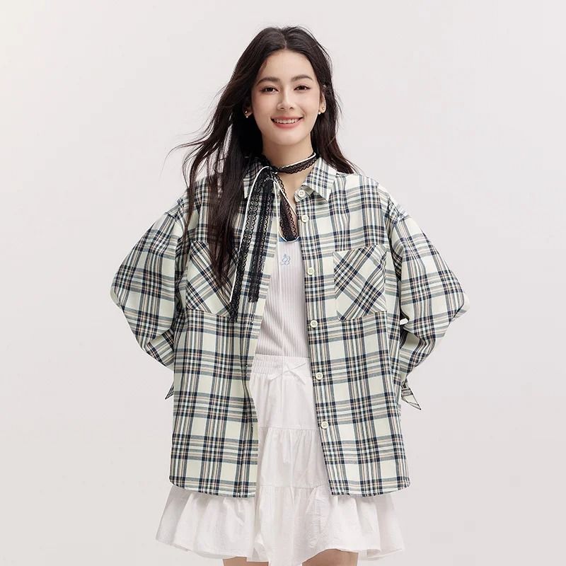 Semir Womens Oversized Checkered Shirt Vintage Long Sleeve Plaid Blouse Mid Length Casual Top red l