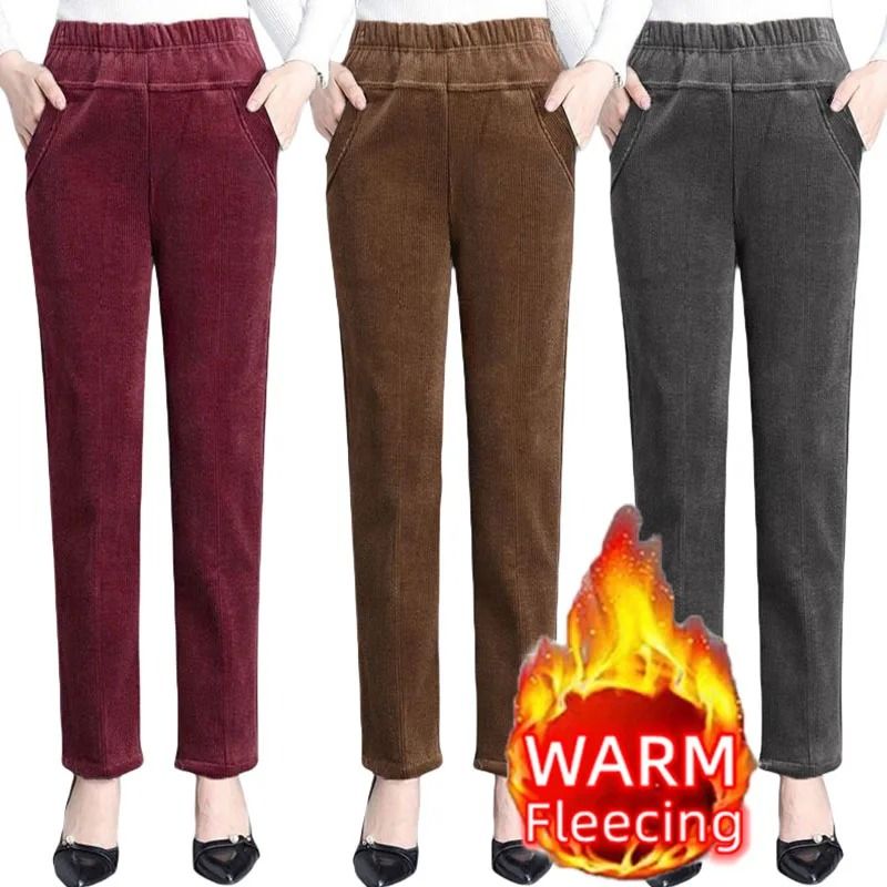 Womens High Waist Fleece Pants Elegant Corduroy Leggings Warm Winter Pencil Trousers brown xl