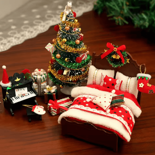 Miniature Dollhouse Christmas Decor Set Tiny Holiday Furniture & Tree Decoration a
