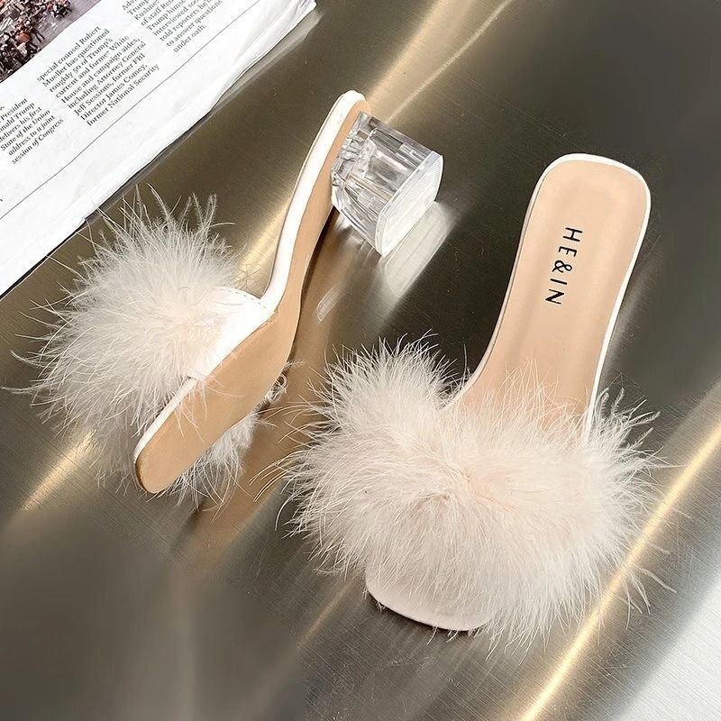 Sexy Faux Fox Fur Square Toe Pumps Elegant Chunky Heel Summer Slippers pink 8.5