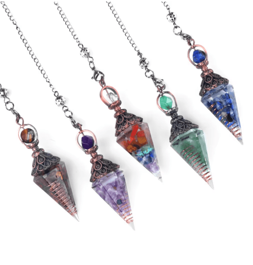 HarmonyStone Crystal Pendulum Necklace Natural Chakra Crystal Pendant Hexagonal Cone seven colored Stone