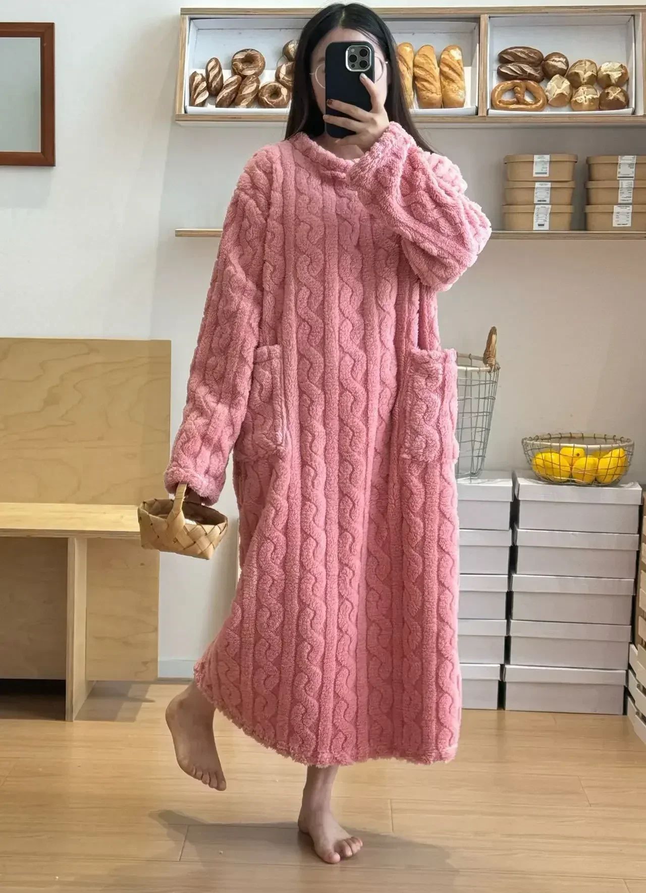 Women's Winter Flannel Nightgown Long Sleeve Thick Coral Fleece Warm Sleep Dress With Pockets purple one Size