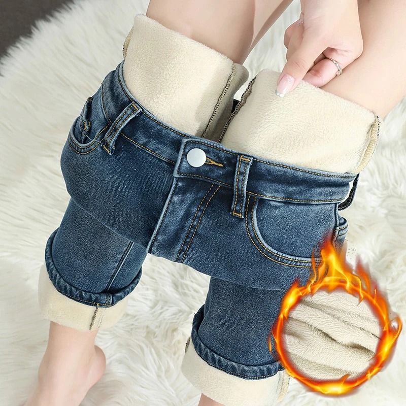 Womens Winter Fleece Lined Jeans Warm Retro Straight Denim Pants black 26