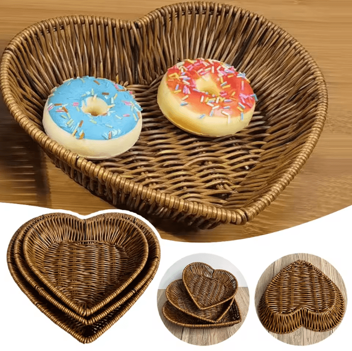 Heart Shaped Woven Rattan Storage Basket Decorative Bread & Fruit Serving Organizer 3pcs Set