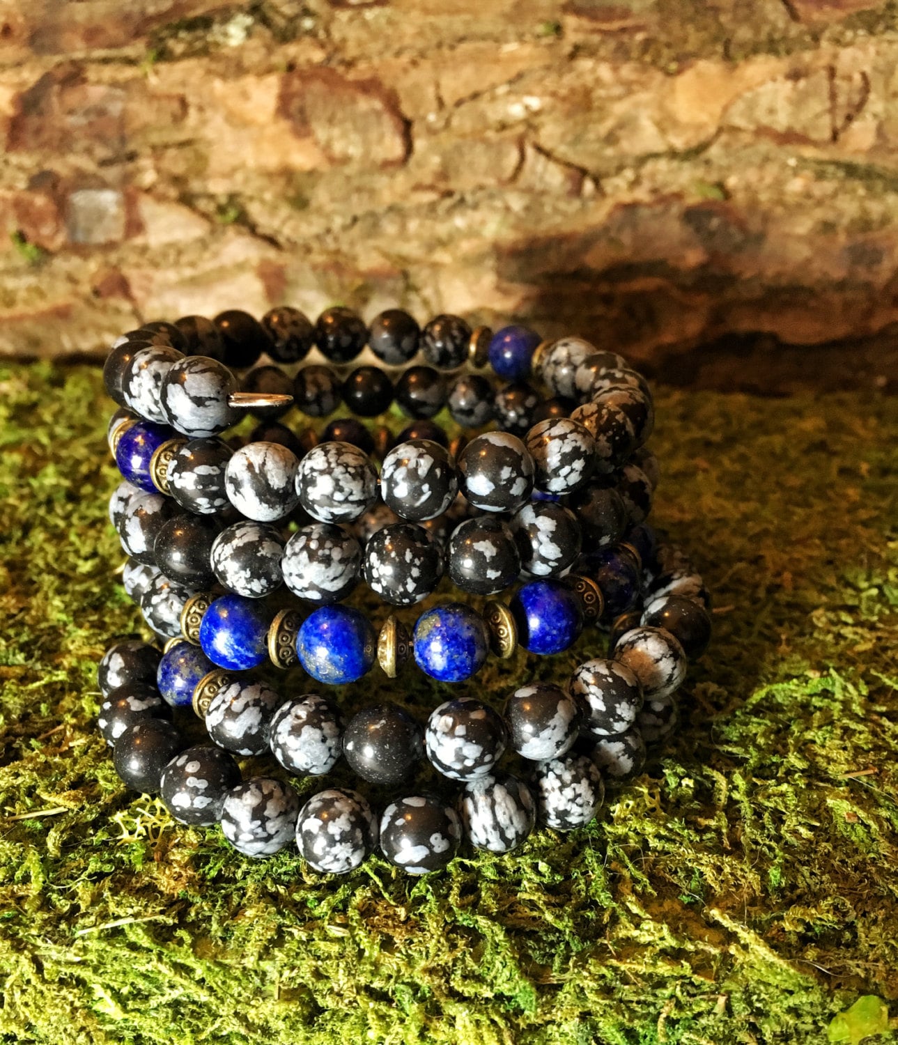 Bracciale Mala unisex con perline / Bracciale Mala con 108 perline in ossidiana e lapislazzuli per la meditazione / Bracciale Mala da uomo con perline