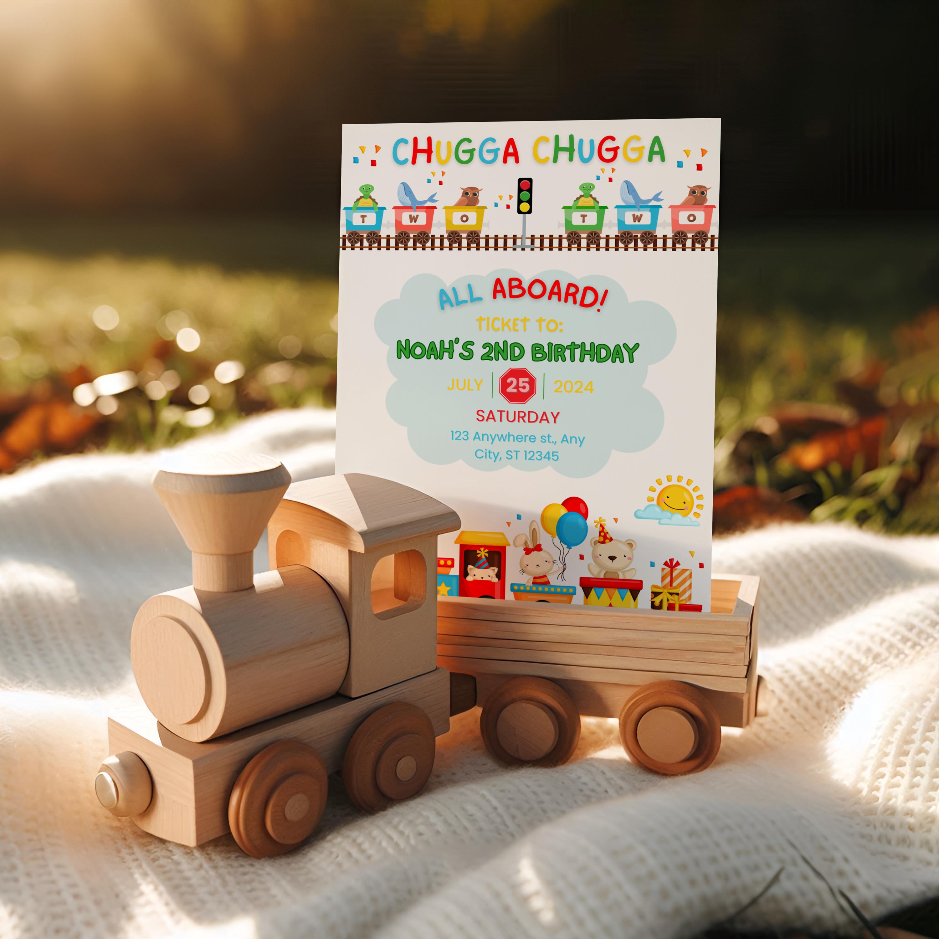 Invito di compleanno Chugga Chugga Two Two, invito per il secondo compleanno a tema treno per ragazzi, modello Canva modificabile, invito stampabile p