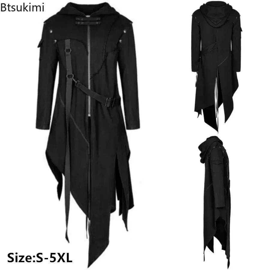 Neue 2026 Herren Punk-Stil Unregelmäßige Trenchcoats Schwarz Gothic Lange Kapuzenjacken Halloween Mann Cosplay Kostüm Große Größe S-5XL