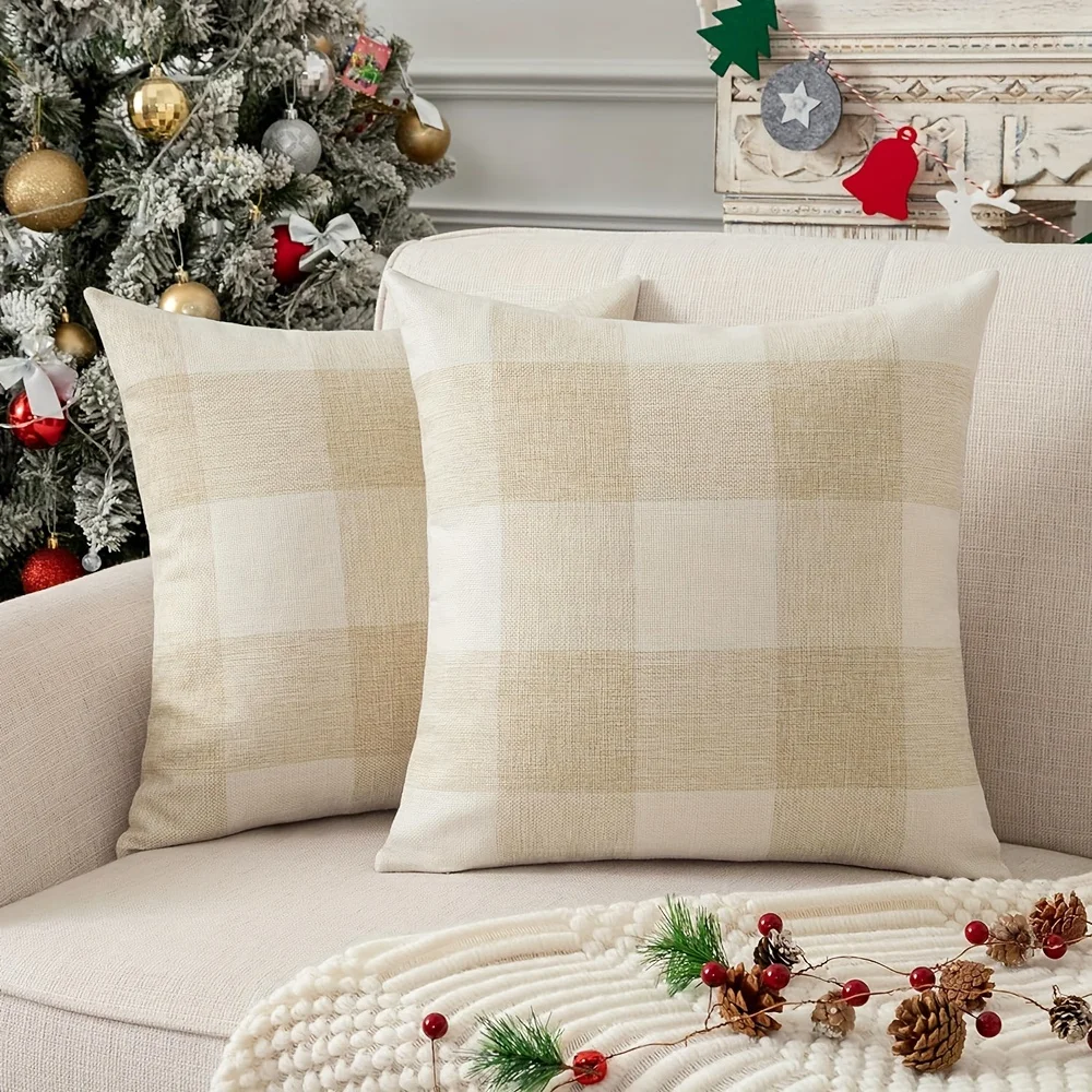 VIKAMA Buffalo Check Home Decor Kissenbezug Rot Schwarz und Beige Bauernhaus Sofa Kissenbezug Heimtextilien Image