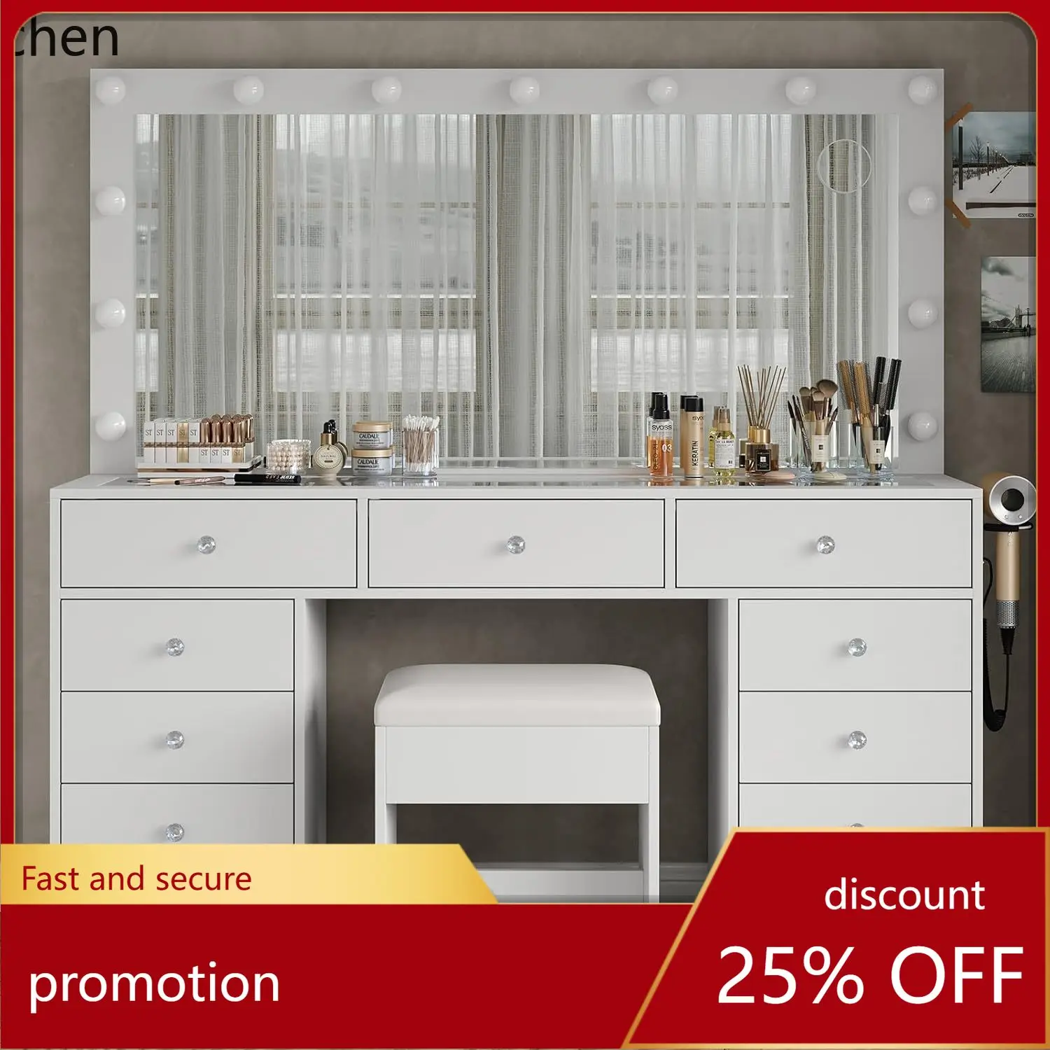 CZ Schminktisch Frisiertisch mit Spiegel für Schlafzimmer Glasplatte Set für den Heimgebrauch