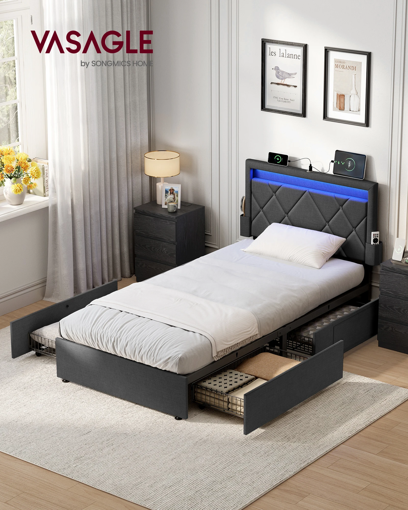 VASAGLE Polsterbett (90 x 200 cm, 4 Schubladen, verstellbares gepolstertes Kopfteil), LED, Ladestation Image