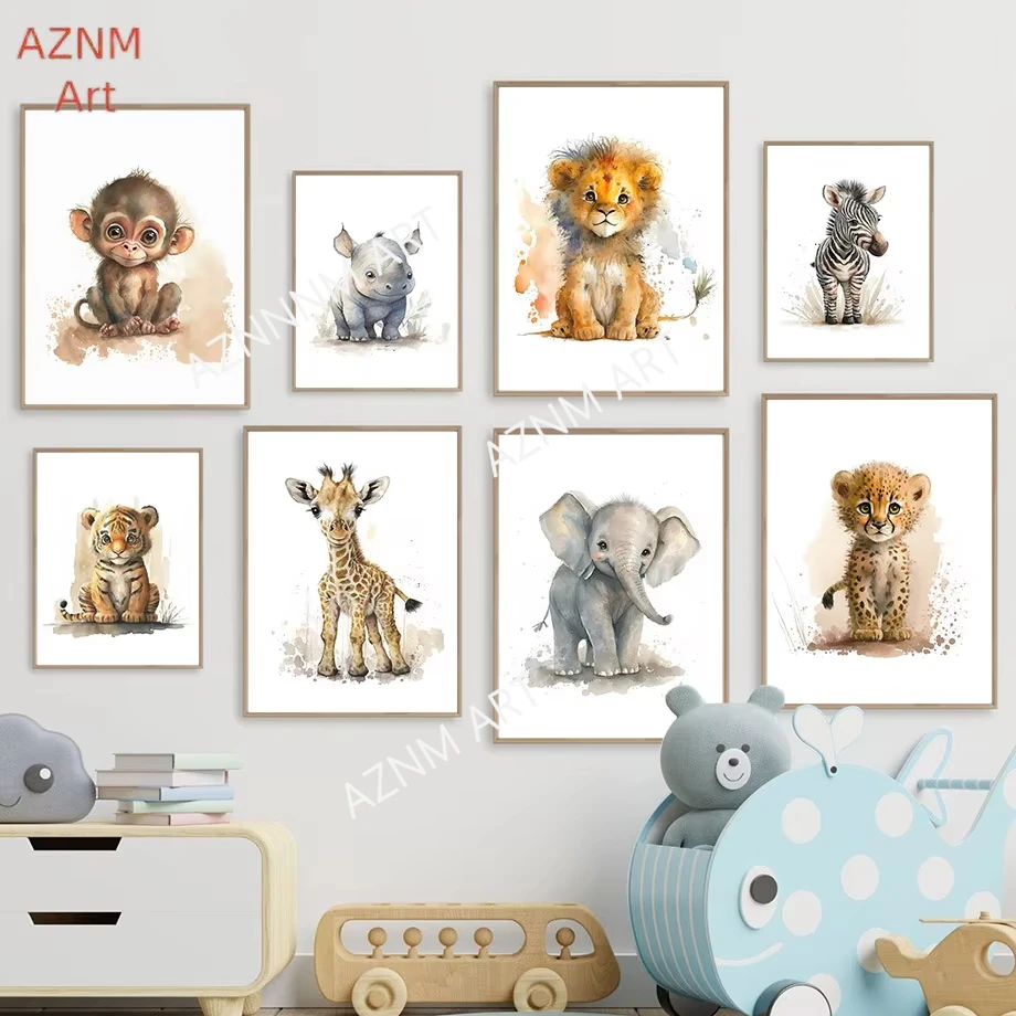 1pc Elefant Löwe Giraffe Tiger Zebra Kindergarten Wand Kunst Leinwand Malerei Aninmal Poster Und Drucke Wand Bilder Kinderzimmer decor Image