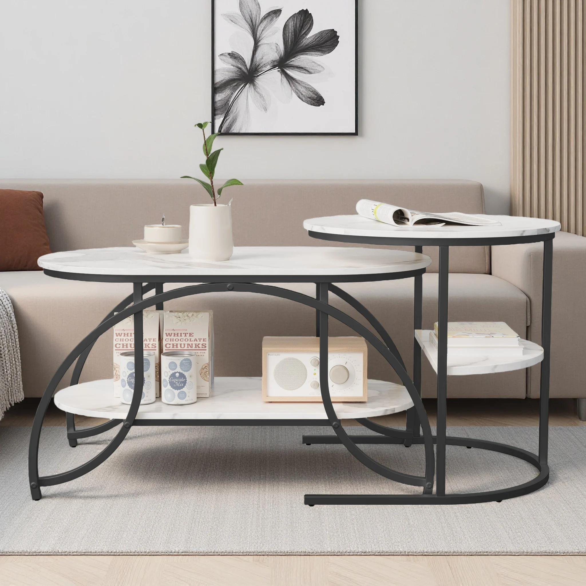 Comanlai Ausziehbarer Couchtisch mit Marmorstrukturplatte, Metallbeine, rostfreies Design für Wohnzimmer, Balkon, Büro, Zuhause