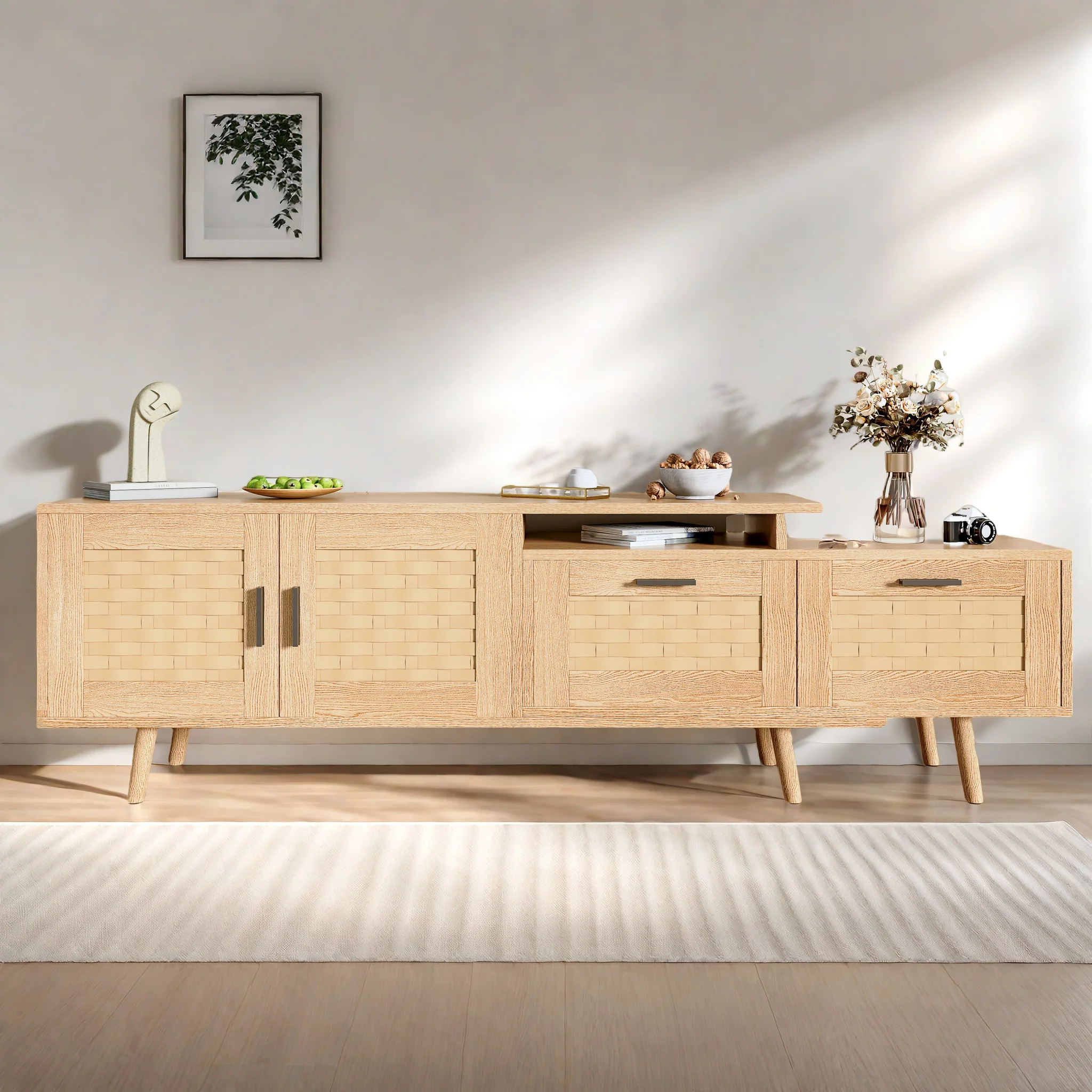 TV-Ständer mit 2 Türen und 2 Schubladen, Fernsehschrank, TV-Schrank für 75-Zoll-Fernseher, Lowboard-TV-Schrank für Schlafzimmer, Wohnzimmer Image