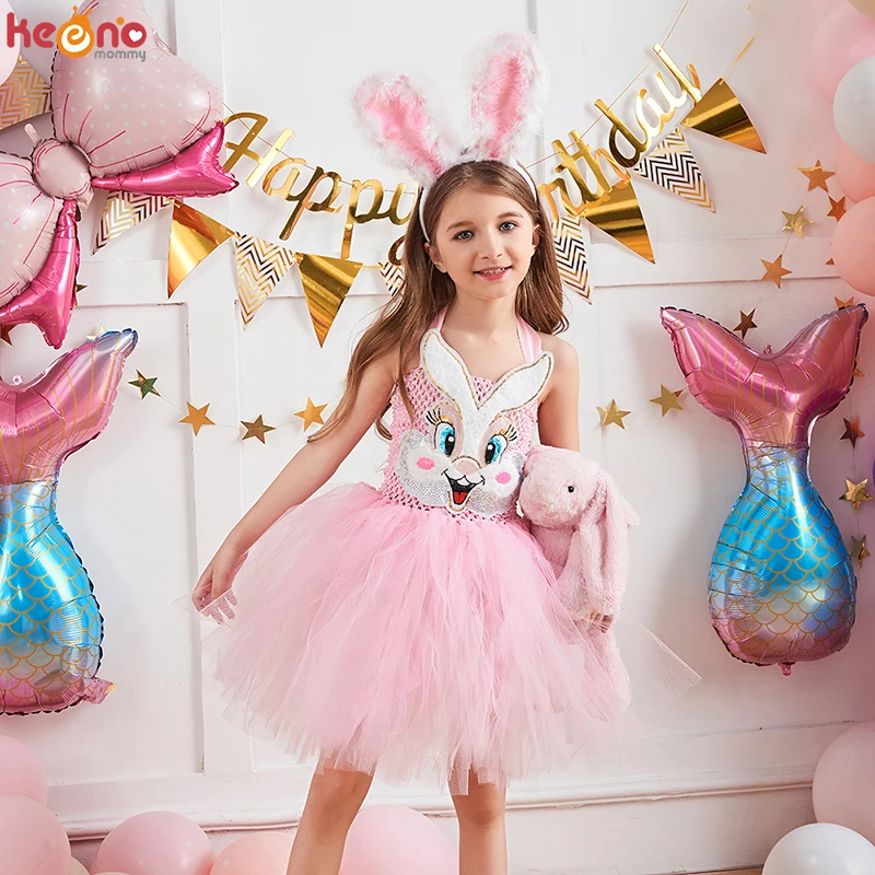 Blass Rosa Bunny Kaninchen Flauschigen Tutu Kleid mit Ohren Stirnband Mädchen Geburtstag Party Ostern Urlaub Kostüm Kinder Halloween Outfit Image