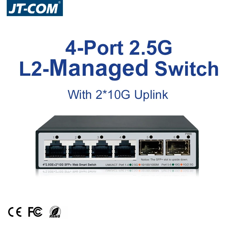Switch réseau Ethernet intelligent géré par web JT-COM 2.5GbE, 4 ports RJ45 2500 Mbps, 2 ports SFP+ 10G, pour laboratoire domestique