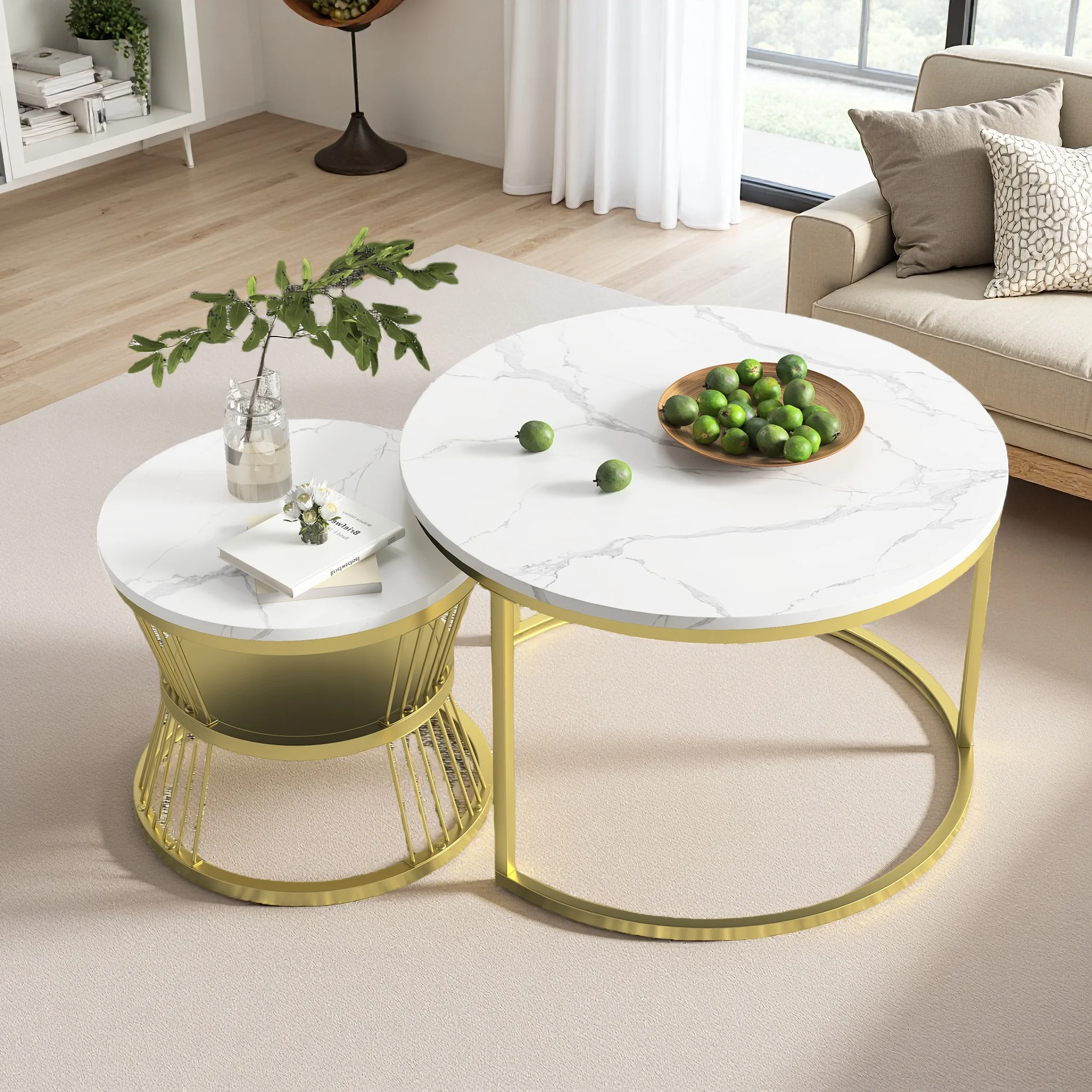 Anajqaqia Couchtische, Beistelltisch-Set, Sofatisch mit Metallbeinen, Marmoroptik, für Wohnzimmer, Schlafzimmer, rund, Gold Image