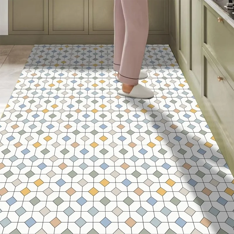 Carpet for Kitchen Non-slip Oil-resistant Waterproof Rug Geometric Color Block PVC Leather Floor Mat Large Area Home Decor Mats