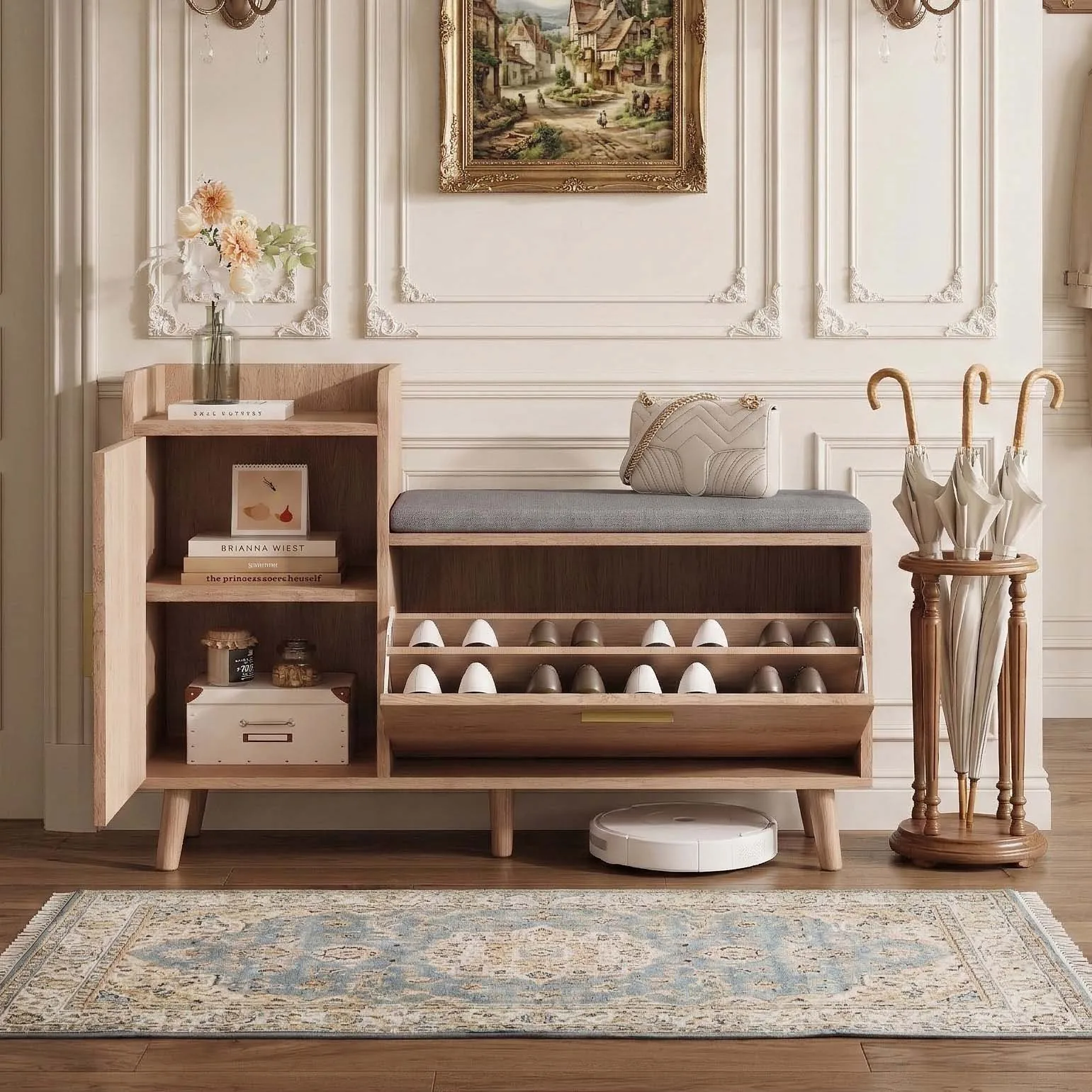 Schuhschrank cm Eiche, Eingangsbereichsmöbel mit Kissen, Schaukel-Schuhschrank und Regale, moderner, natürlicher Stil