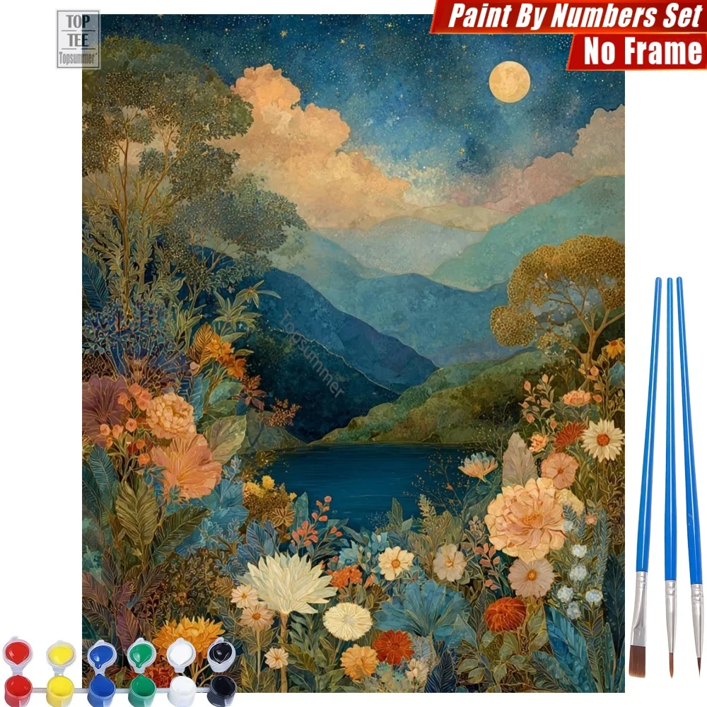 Mondlichtgebeutelte Bergblumen Malen-nach-Zahlen-Set – Blühende Blumen, Berg-Raumdekoration, Valentinstagsgeschenk für den Sohn Image