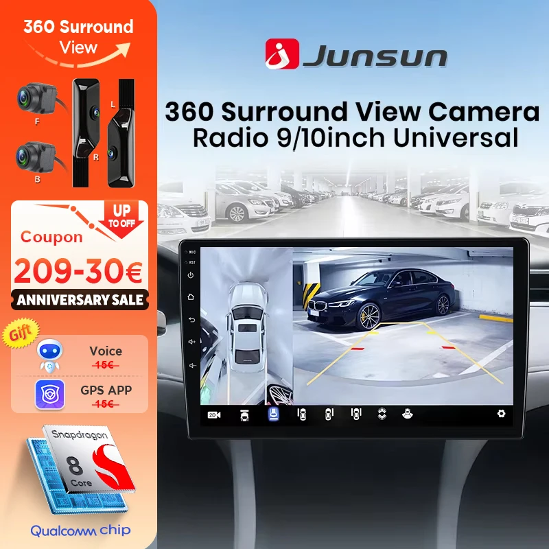 Junsun Qualcomm Autoradio 360 View Camera Wireless CarPlay per Apple Android Auto Stereo universale Autoradio 4G GPS RDS WiFi BT