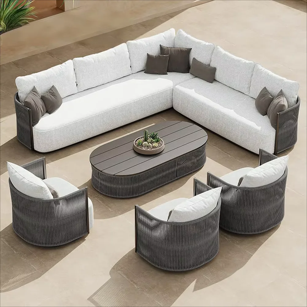 Modernes Design Massivholz-Rattan-Liegesofa-Set mit Metallmaterial für den Außenbereich Gartenmöbel