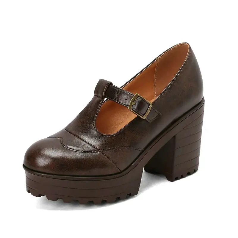Brogue Design Damen Frühling Herbst Schuhe Schnalle T-Riemen Mary Janes Burgund Braun Farbe Plattform Chunky High Heels Frauen Pumps