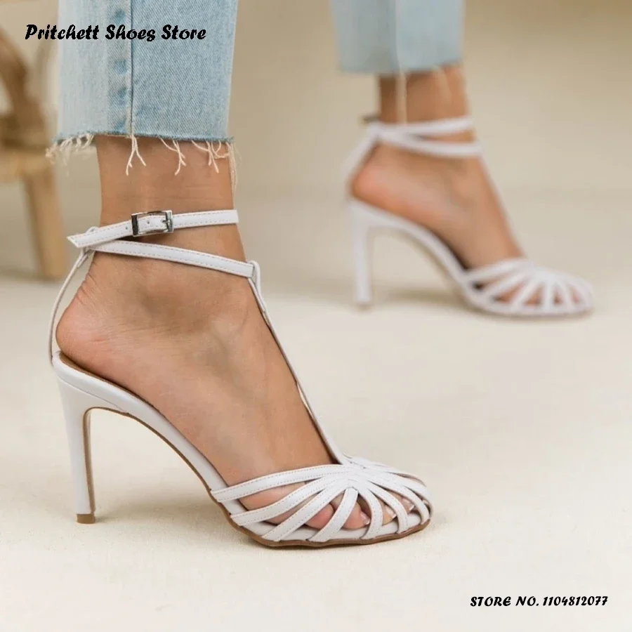 Women's T-strap Caged-toe Sandals Elegant Round Toe Buckle Strap Trending Shoes Spring Summer Party Office Plus Size Stilettos