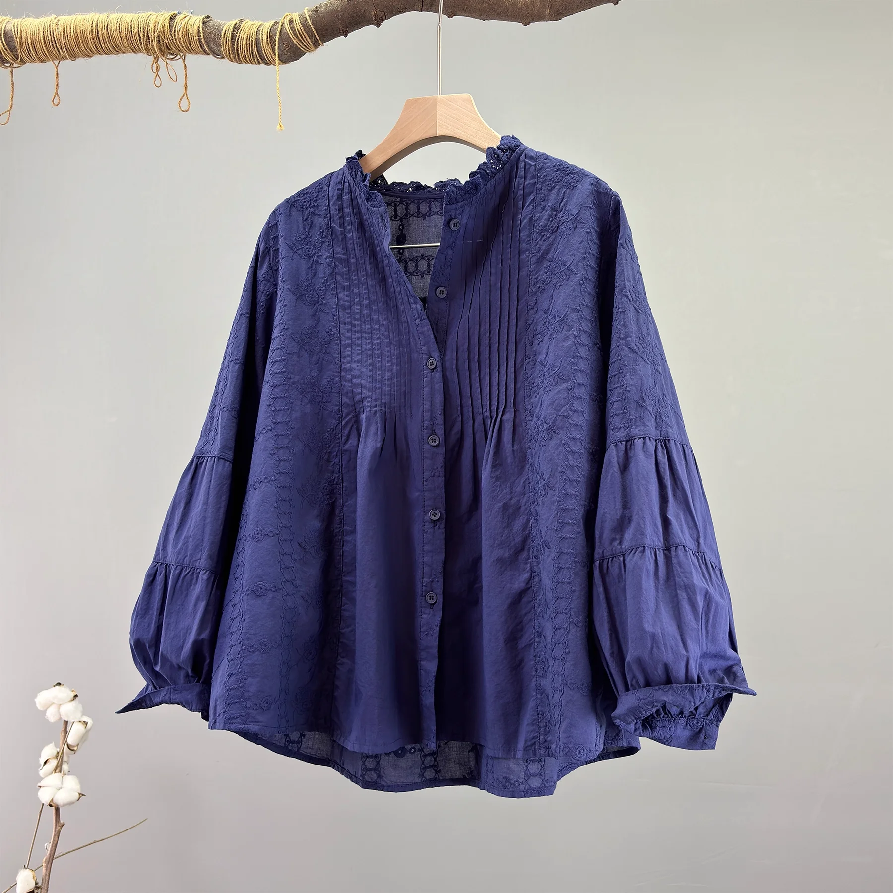 Enianechu Luxury Designer Clothes Elegant Women Long Sleeve Shirts 100% Cotton Beige Navy Blue Pleated Blouses Boho Clothing