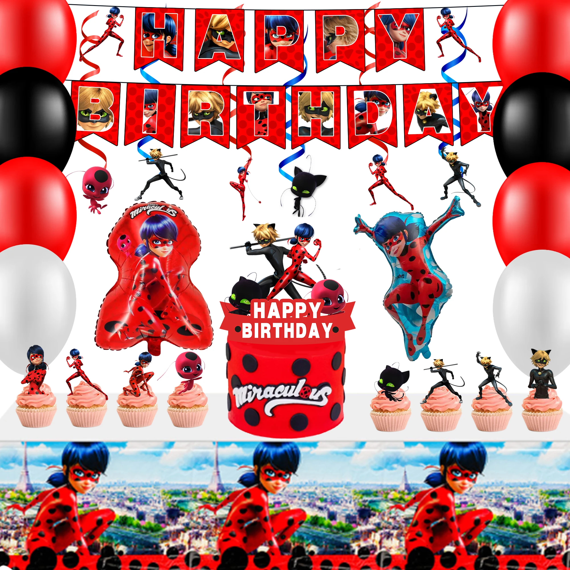Miraculous Marienkäfer-Geburtstagsdekorationen, 35 Stück Miraculous Marienkäfer-Geburtstagsparty-Zubehör – Marienkäfer-Luftballons, Tischdecke, Banner usw Image