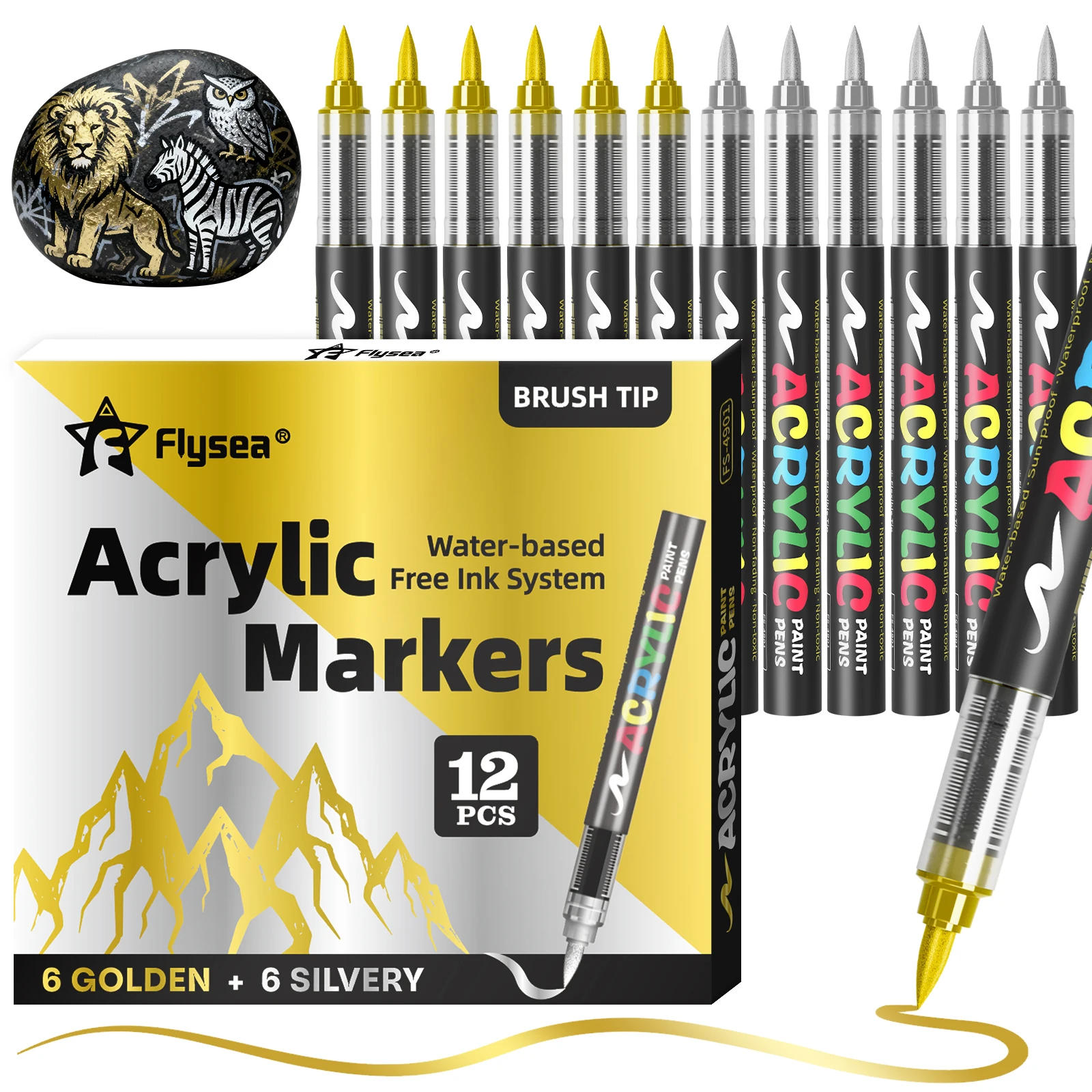 12er-Pack (Gold, Silber, Schwarz, Weiß) Direktflüssige Acrylfarbe Marker-Stifte, Farbmarker, Filzstifte Schreibwaren-Set, Kunstmalerei, DIY-Basteln Image