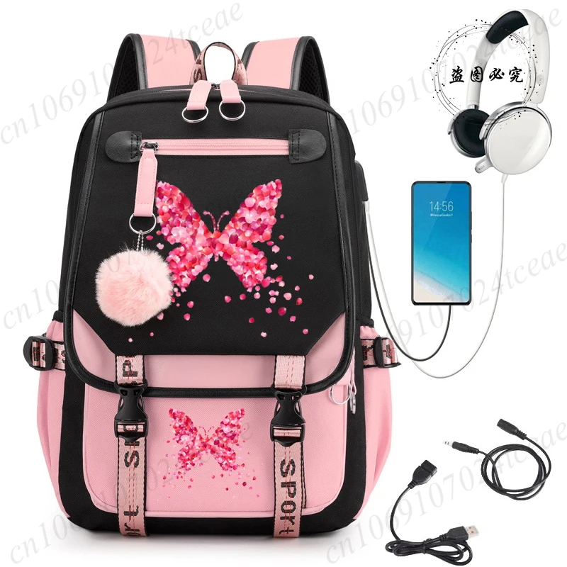 Sac à dos pour enfants avec motif de papillon rose, sac d'école pour filles, sac d'école pour enfants adolescents, sac à dos pour l'école primaire, mochilas, sacs à dos mignons kawaii