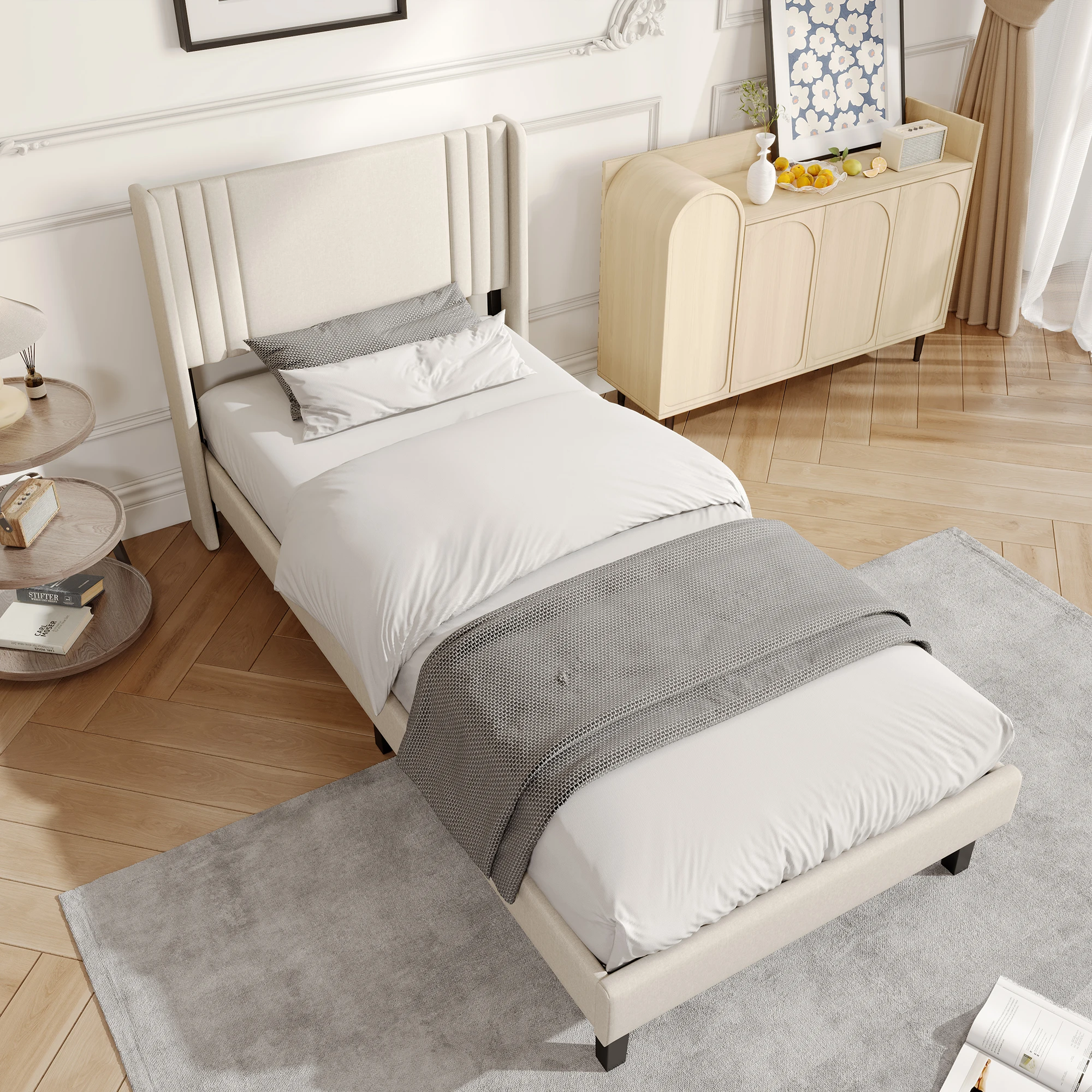 Comanlai 90/140/160X200Cm Kinderbettgestell, Einzelbettgestell, Doppelbettgestell, Tagesbettgestell, Bettgestell für Erwachsene, Bettgestell für Teenager, Leinen Image