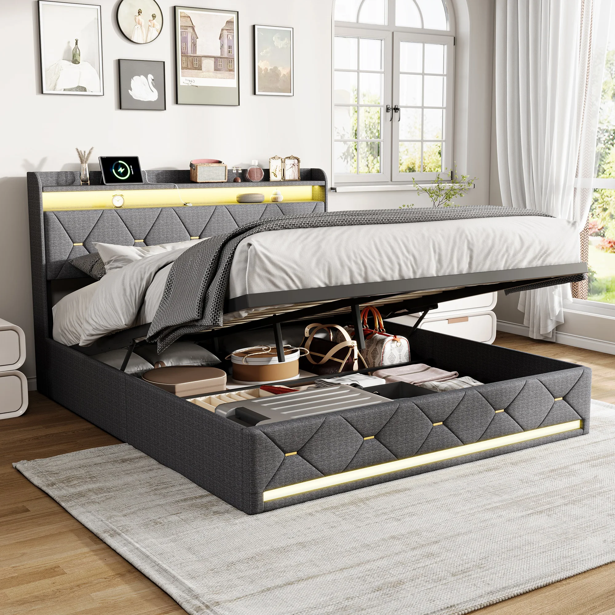 Comanlai 140/160 x 200 cm großes LED-Doppelbett, hydraulischer Bettrahmen, gepolstertes Bett, Kopf- und Fußteil mit LED-Lichtleiste, graues Leinen Image