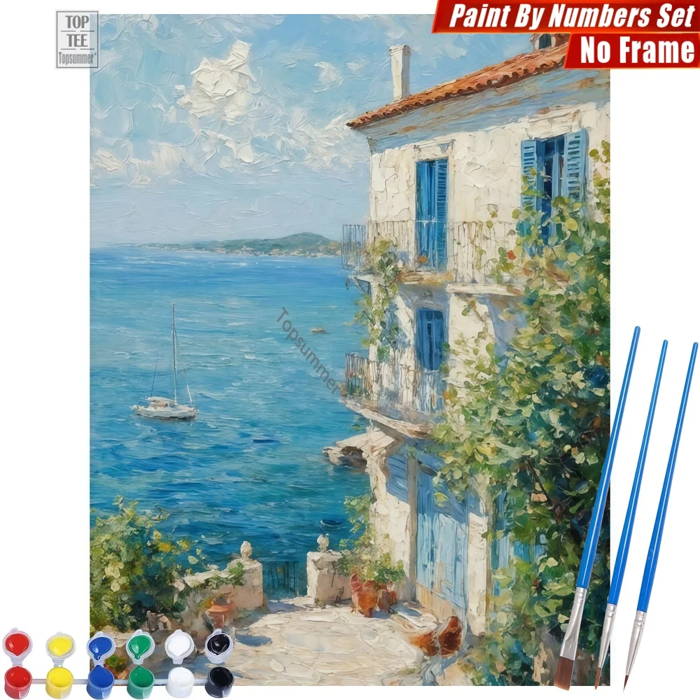 Mediterranes Küstenhaus, digitales Ölgemälde-Set – Haus, Meer, Küste, abstrakte Wandkunst, Geburtstagsgeschenk für den Sohn