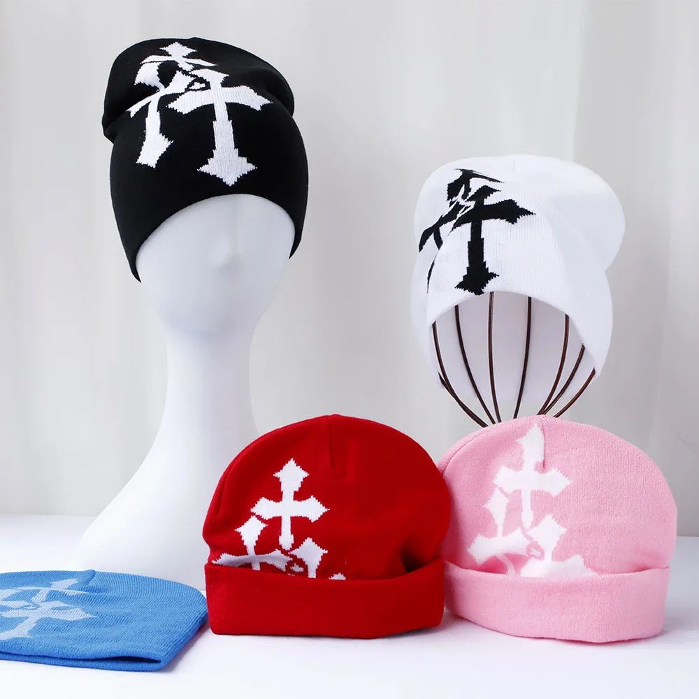 Neue Cartoon Kreuz Mützen Hut Männer Winter Herbst warm gestrickte Motorhaube Kappe weiche Wolle Schädel Mützen Mützen Jungen Geschenke Image