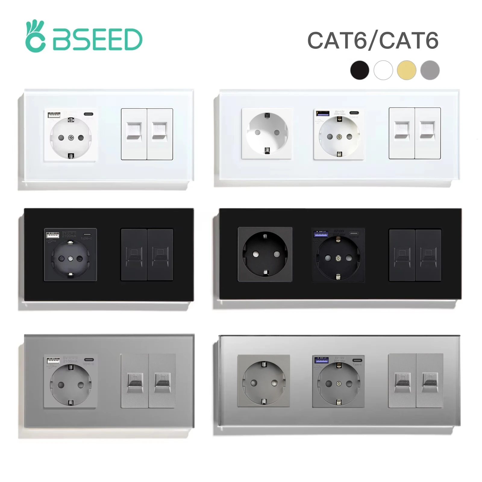 BSEED EU Typ-C USB-Buchse Plus Dual-Internet-Steckdosen CAT6 Daten-Computer-Wandsteckdosen Kristallglasrahmen Image