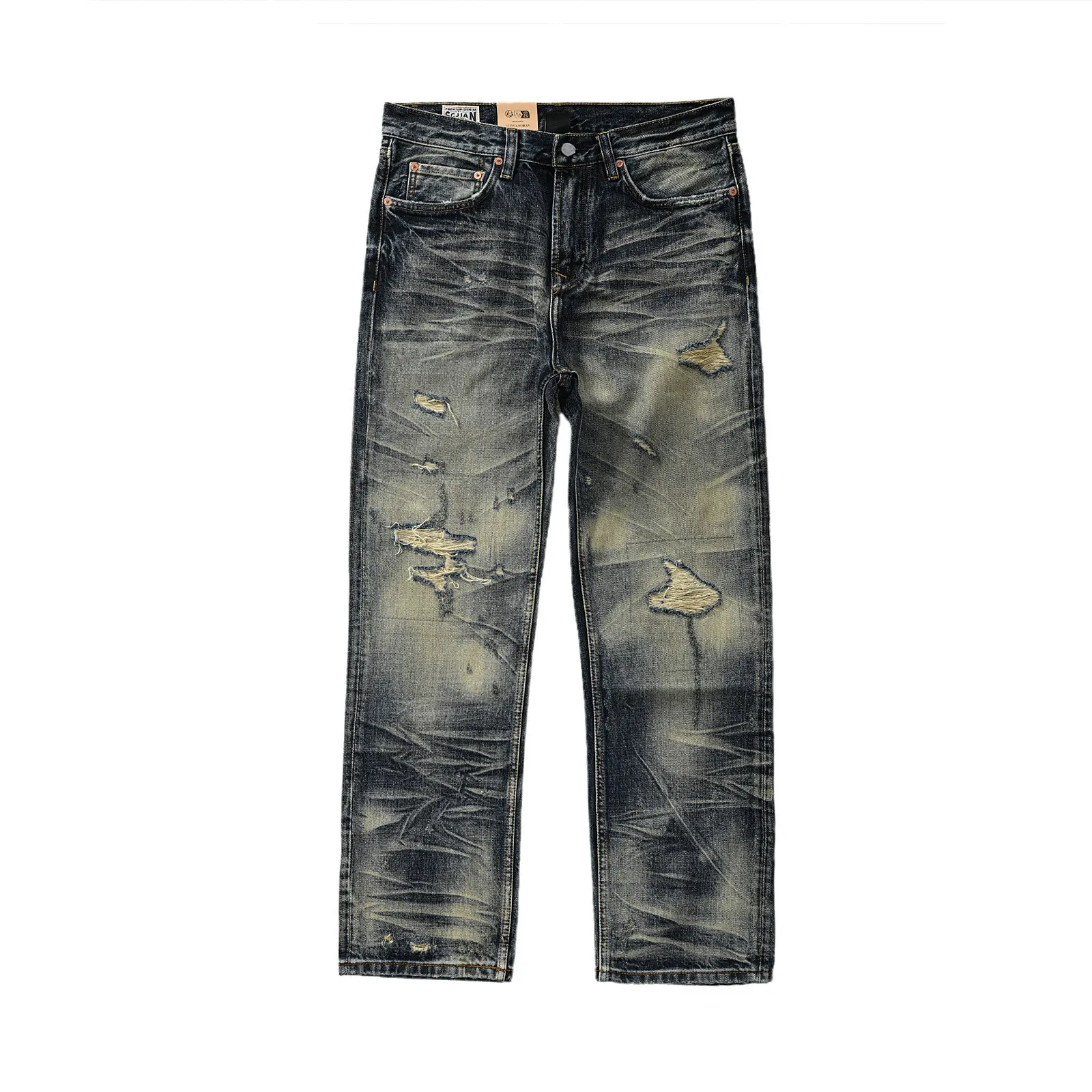 Schwere Gelbe Vintage-Jeans im Amerikanischen Stil mit Kontrastfarben, Loose Fit, Distressed-Look, High-Street Edgy Style, Gerade Hose für Herren