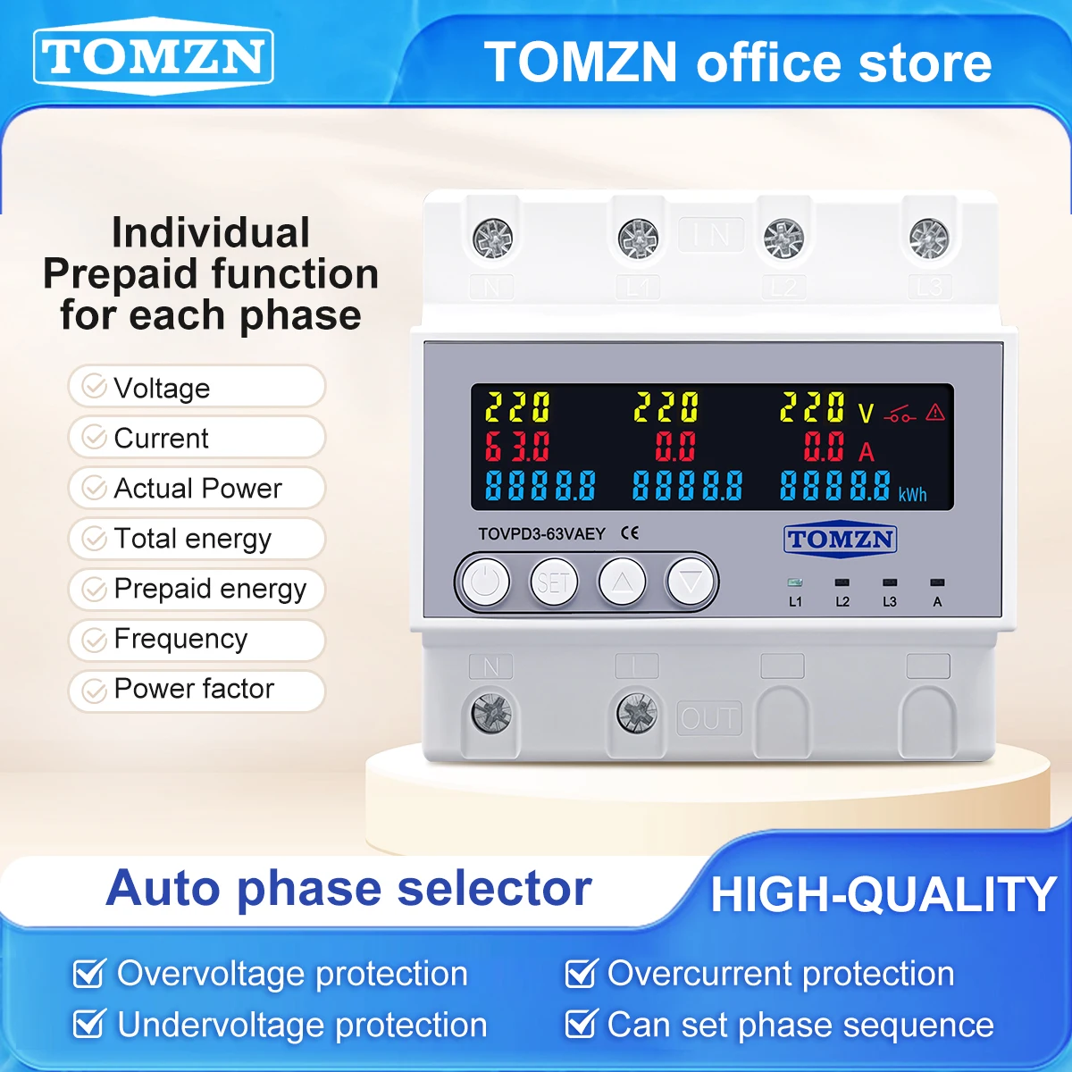 TOMZN Phasenwähler 3P+N 3*230V AC 63A Dreiphasig Separat mit Prepaid-Funktion Einstellbarer Über-/Unterspannungs- und Stromschutz Image