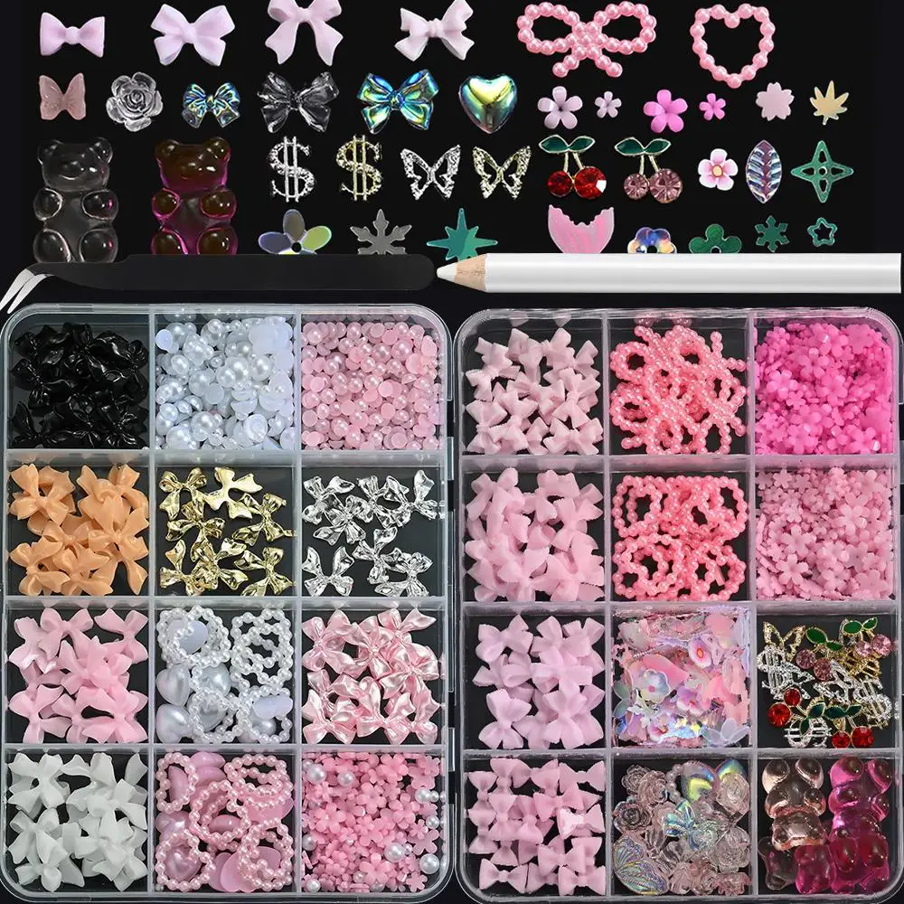 12-teiliges 3D-Schleifen-Nagelkunst-Set, Mehrfarbige Schleifen, Blumen, Bären-Anhänger, Trendige Nagelzubehörteile für Salon und DIY-Maniküre Image