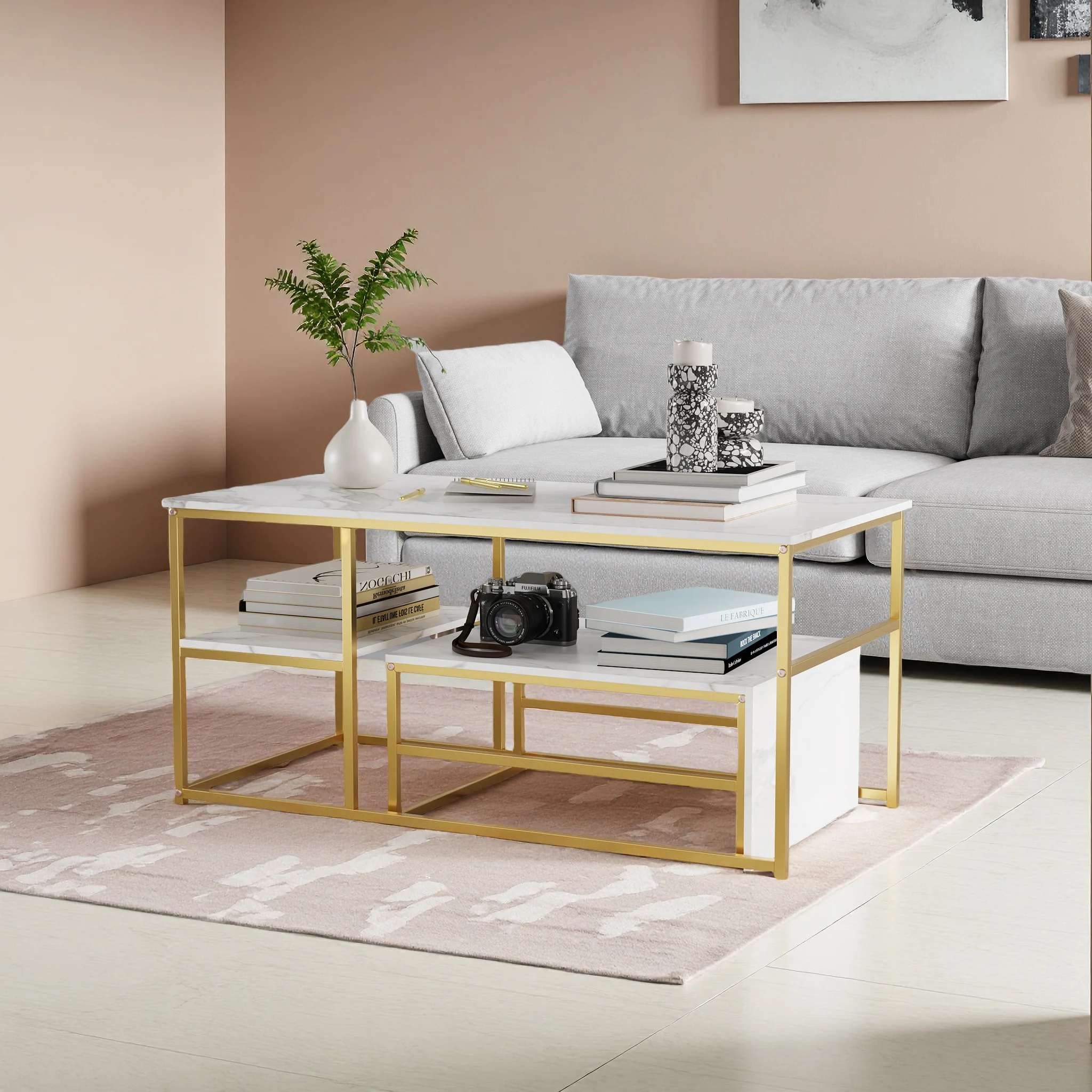 Anajqaqia Set aus 2 Couchtischen, Beistelltisch, mit Metallbeinen, für Wohnzimmer, Büro, Zuhause, Gold Image