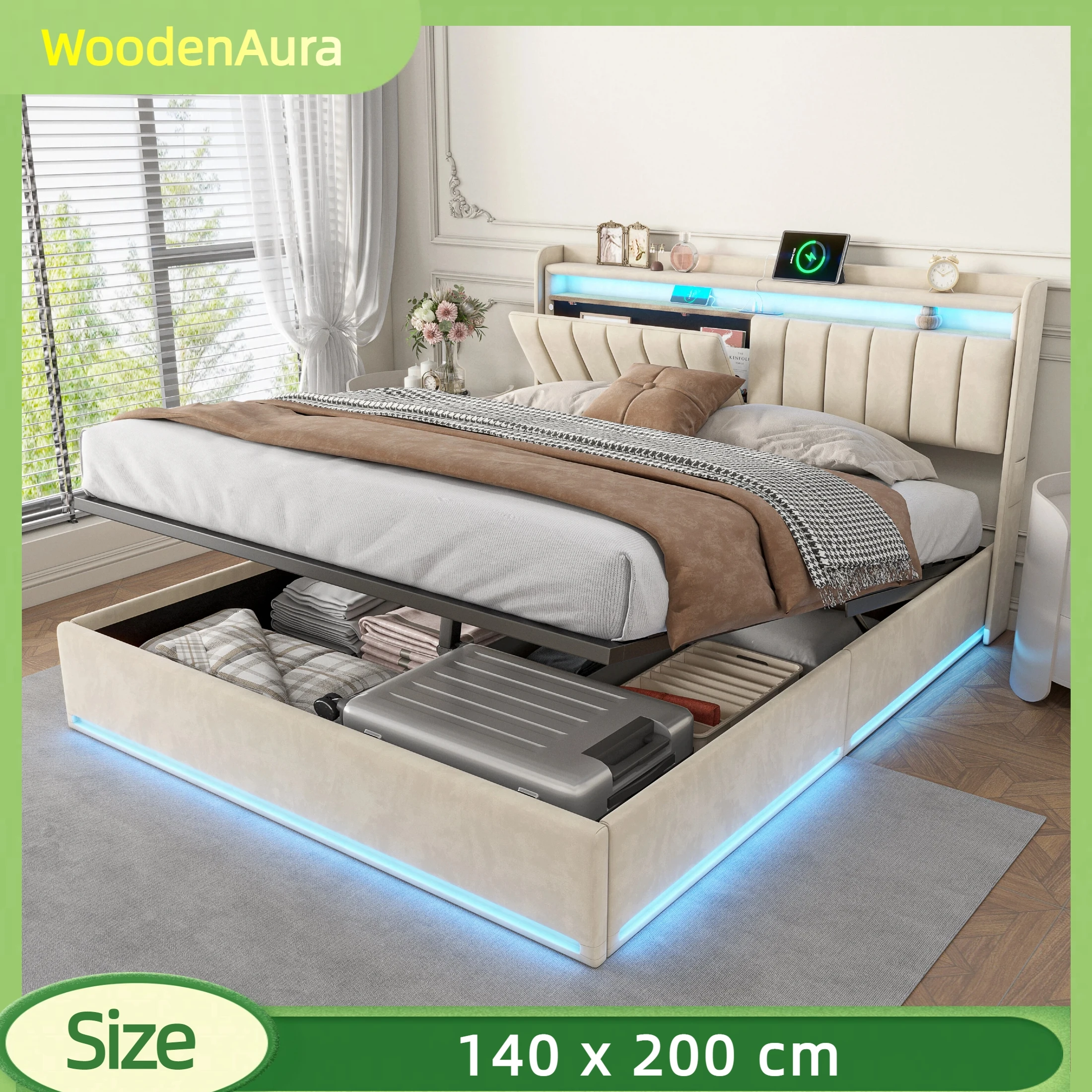 Boxspringbett 140x200 cm, mit LED-Beleuchtung und USB-Ladeanschluss, Stauraum im Kopfteil, Bettgestell, Samt, beige Image